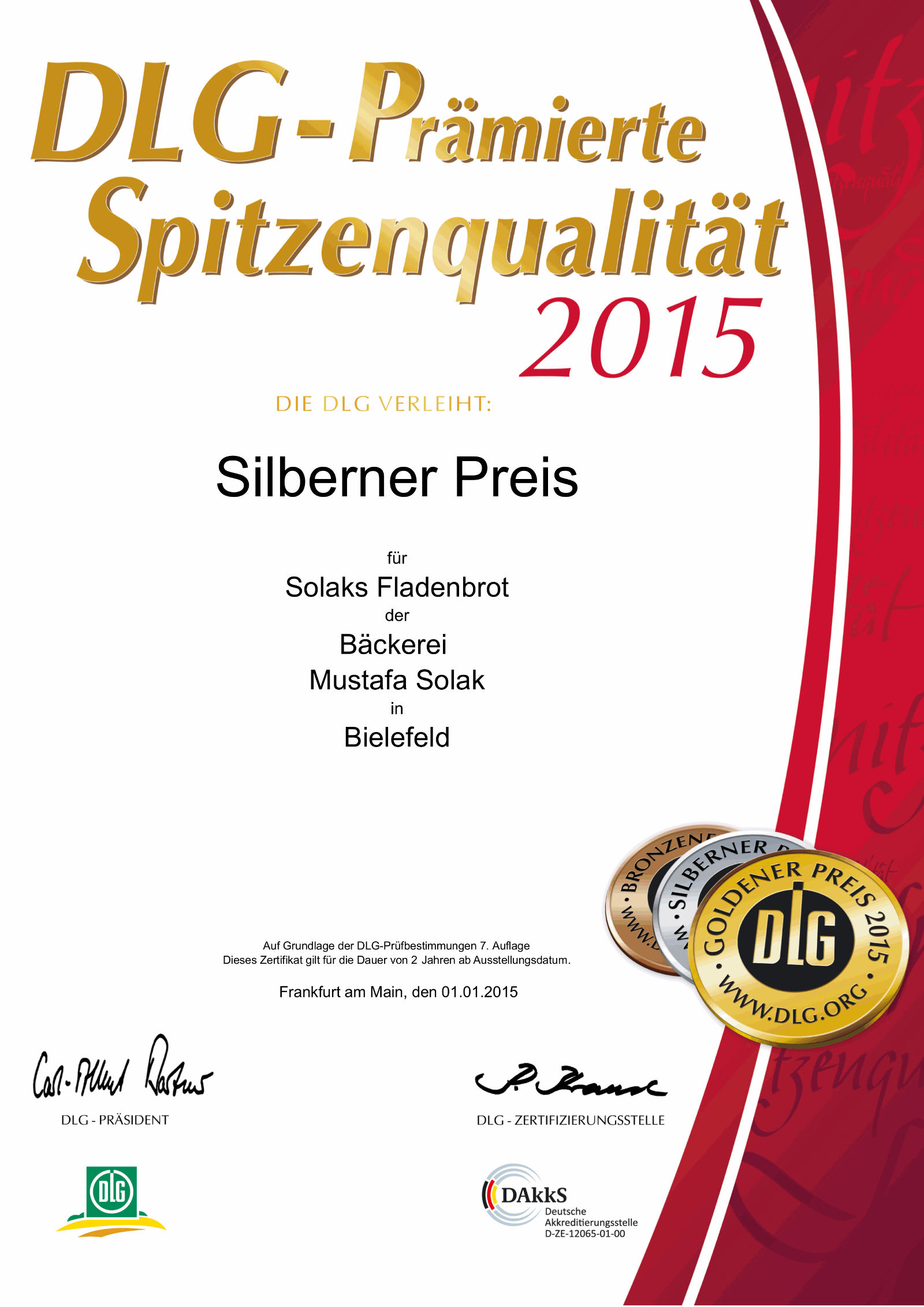 DLG Urkunde/Zertifikat: Silberner Preis 2015 | Spitzenqualität für Fladenbrot der Bäckerei Solak in Bielefeld