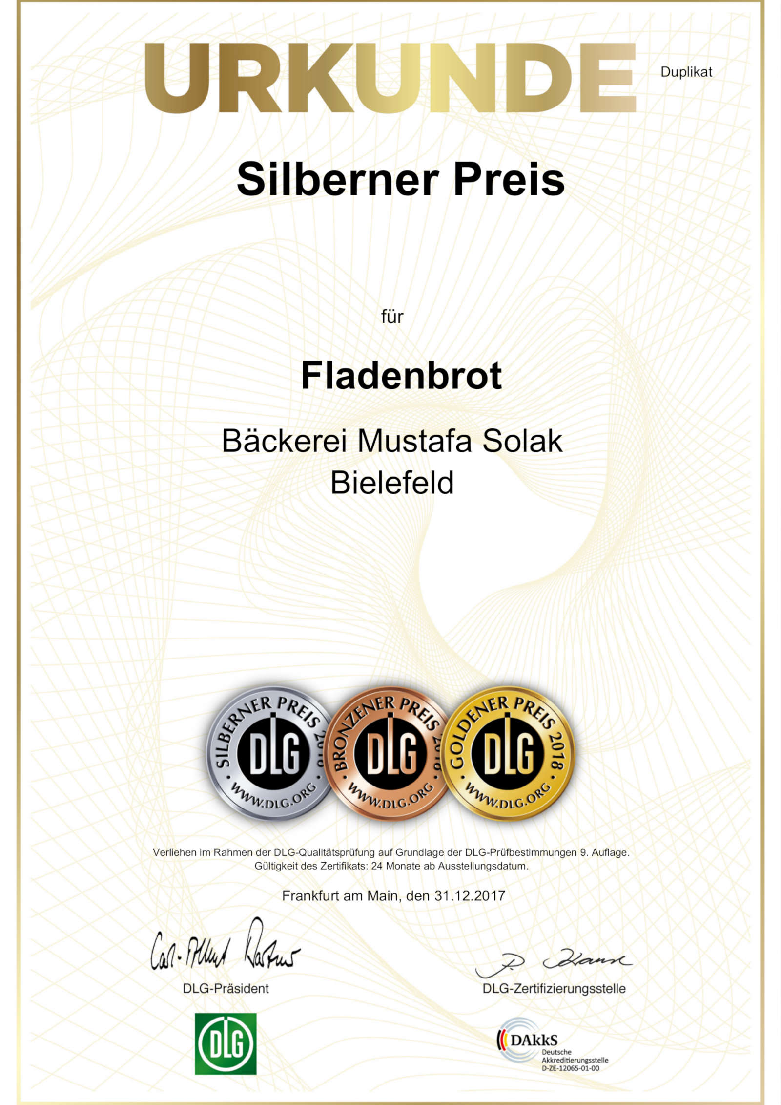DLG Urkunde/Zertifikat: Silberner Preis 2018 | Spitzenqualität für Fladenbrot der Bäckerei Solak in Bielefeld