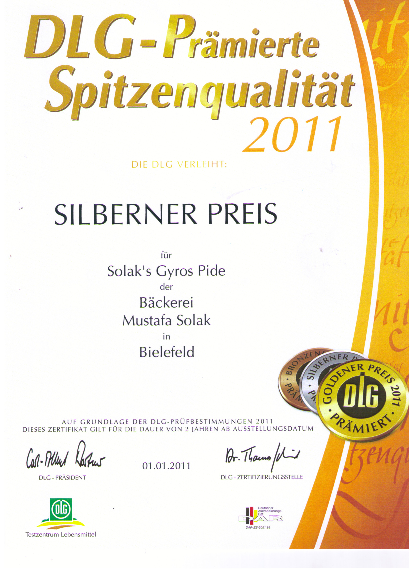 DLG Urkunde/Zertifikat: Silberner Preis 2011 | Spitzenqualität für Gyros Pide der Bäckerei Solak in Bielefeld
