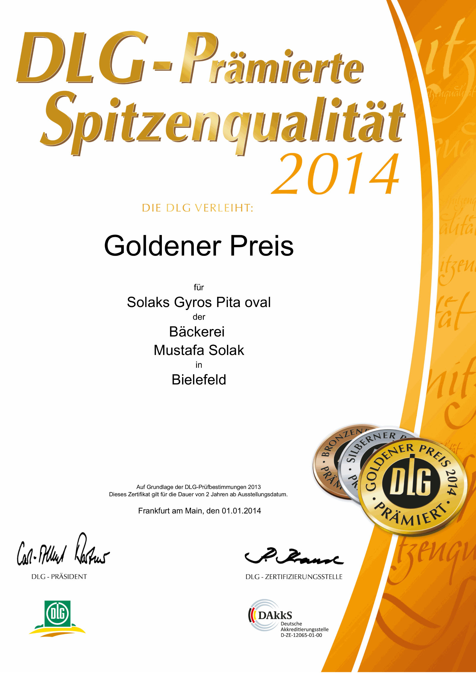 DLG Urkunde/Zertifikat: Goldener Preis 2014 | Spitzenqualität für Gyros Pita oval der Bäckerei Solak in Bielefeld