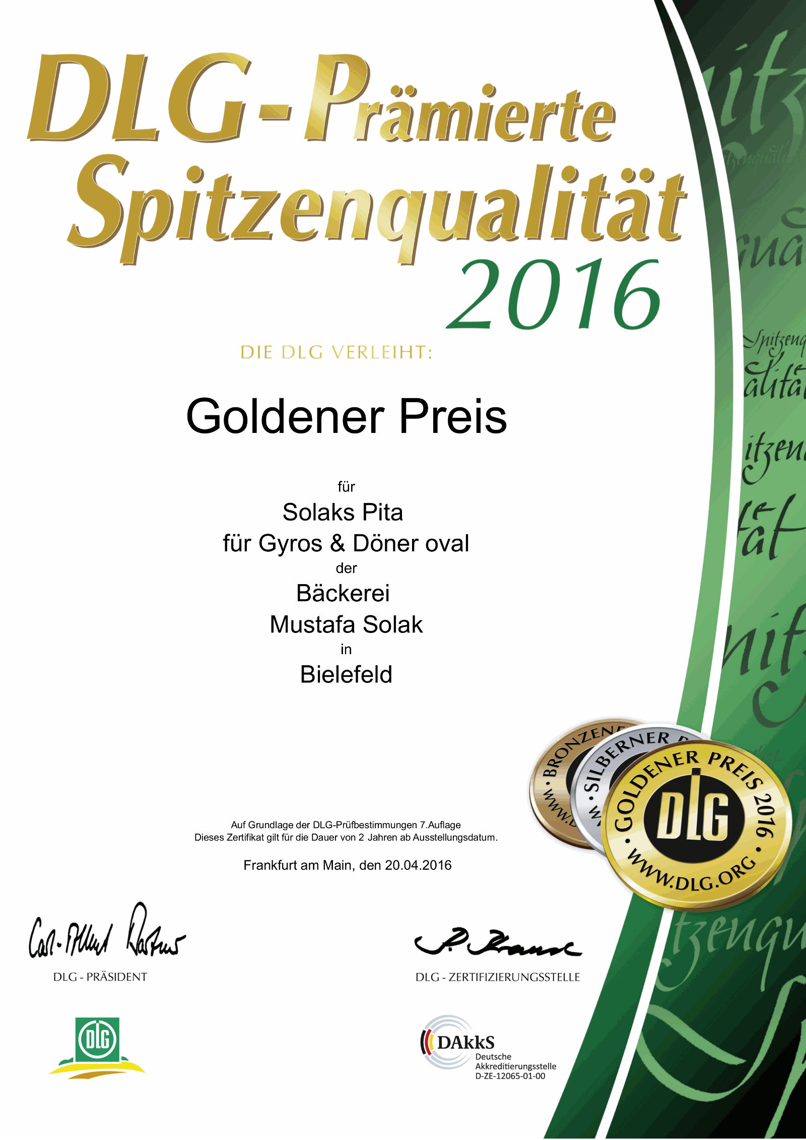 DLG Urkunde/Zertifikat: Goldener Preis 2016 | Spitzenqualität für Pita für Gyros & Döner oval der Bäckerei Solak in Bielefeld