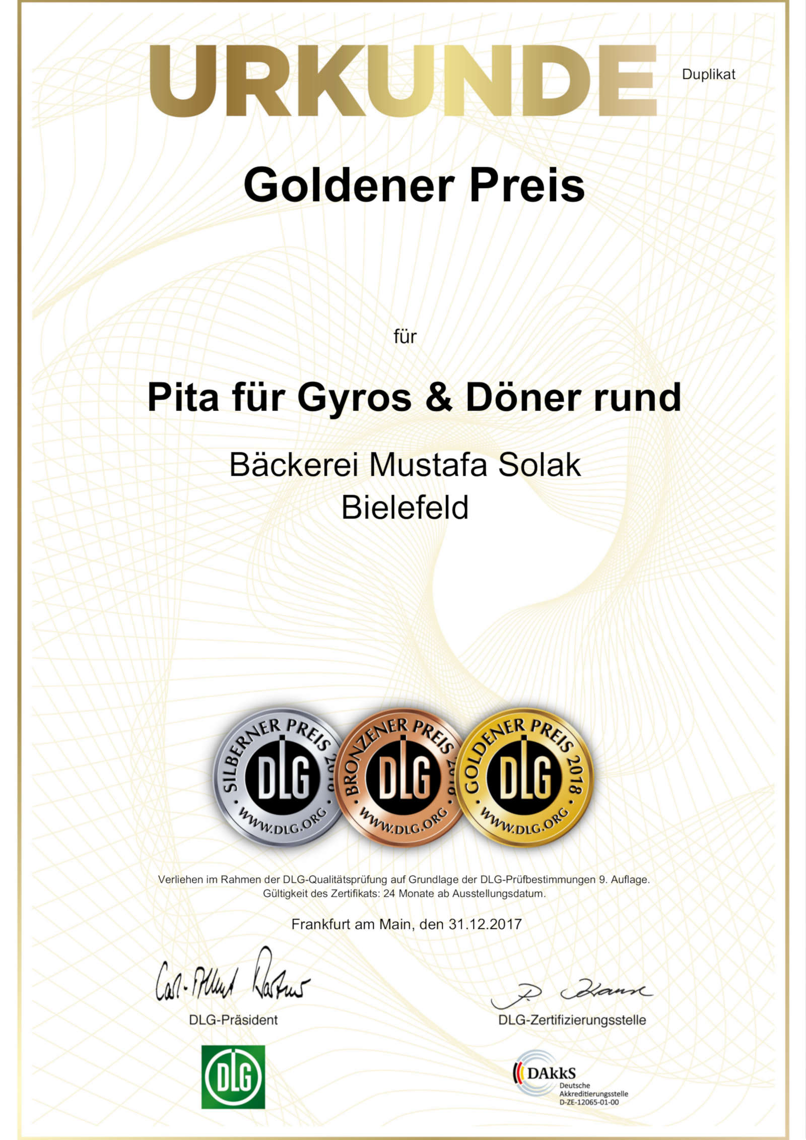 DLG Urkunde/Zertifikat: Goldener Preis 2018 | Spitzenqualität für Pita für Gyros & Döner rund der Bäckerei Solak in Bielefeld